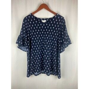 Charter Club Woman 1X Navy Short Sleeve Flowy Stretch Palm Tree Pineapple Beach